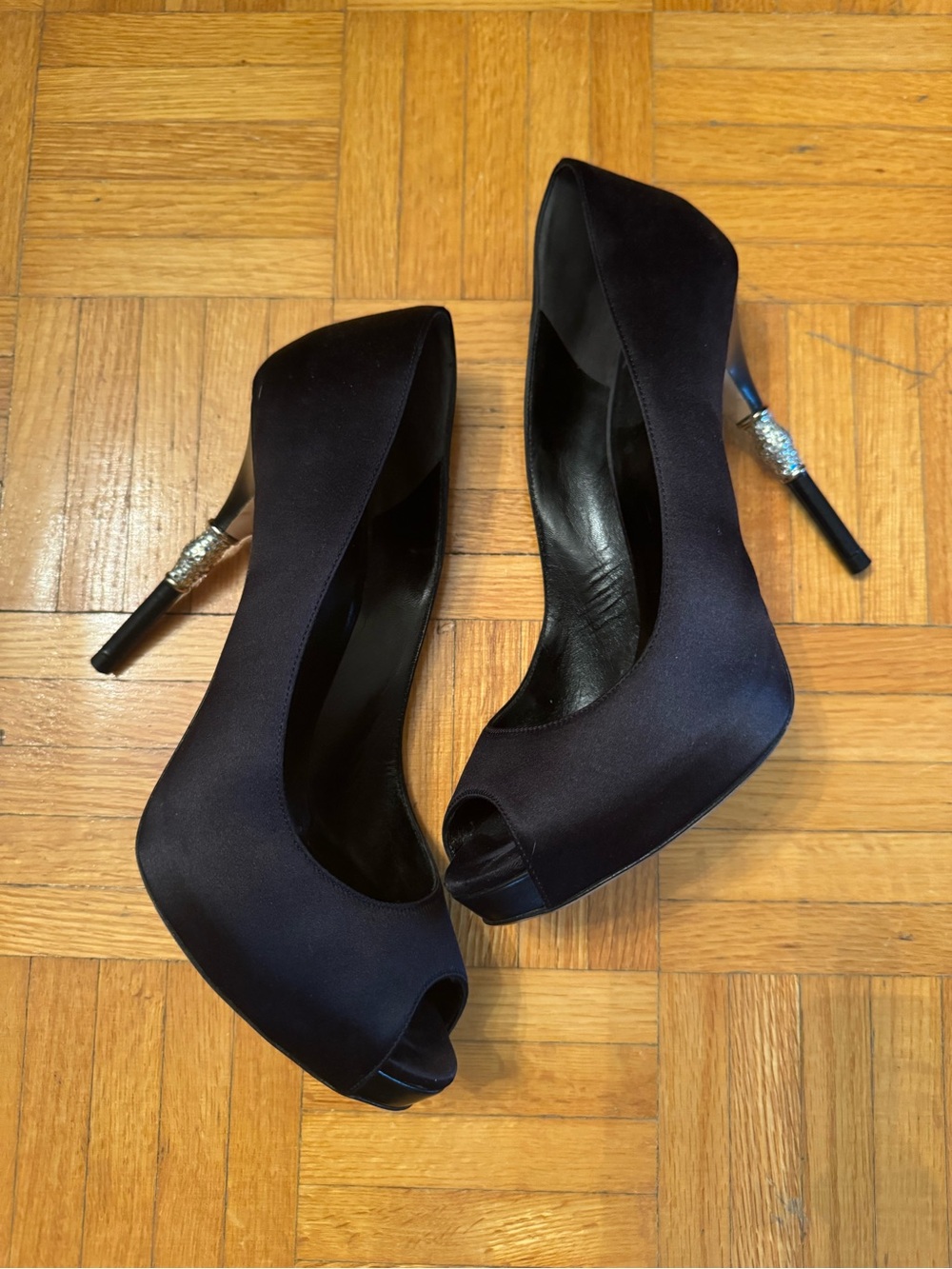 Gucci Black Satin Peep-Toe Pumps with Crystal-Embellished Heel